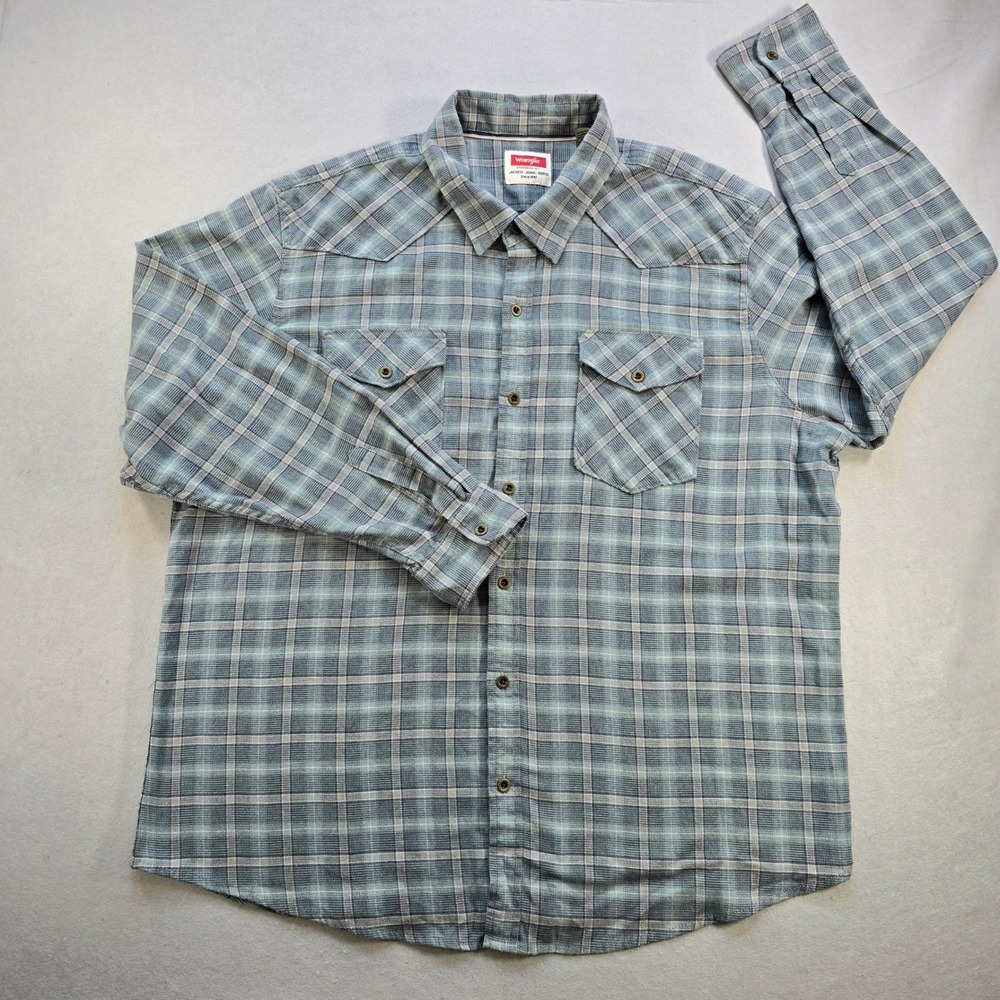 Wrangler Men's 2XL Blue Plaid Western Shirt Long Sleeve Cowboy Workwear